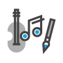 A guitar a musical note and a brush icon