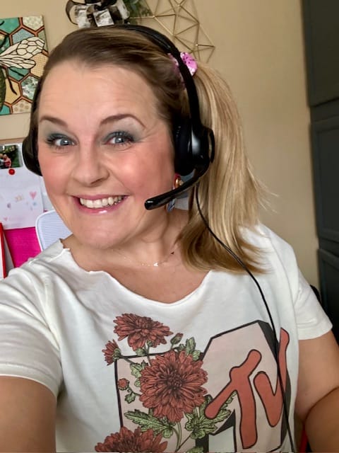 happy teacher with headset