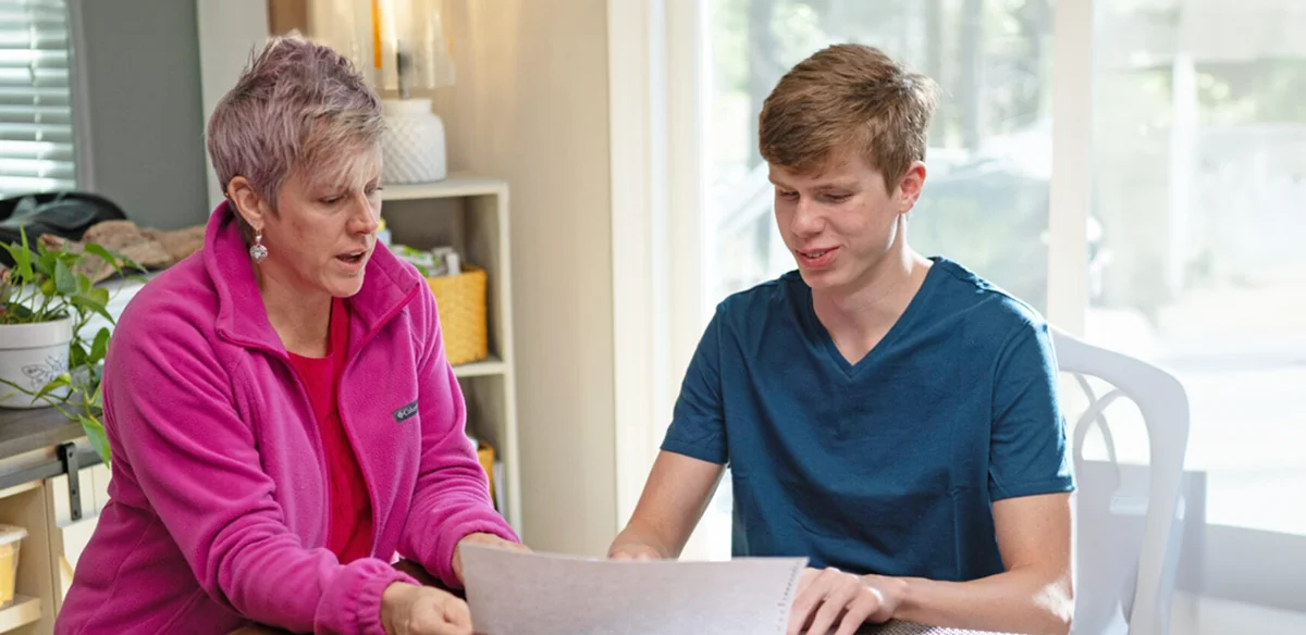 mom and son talking